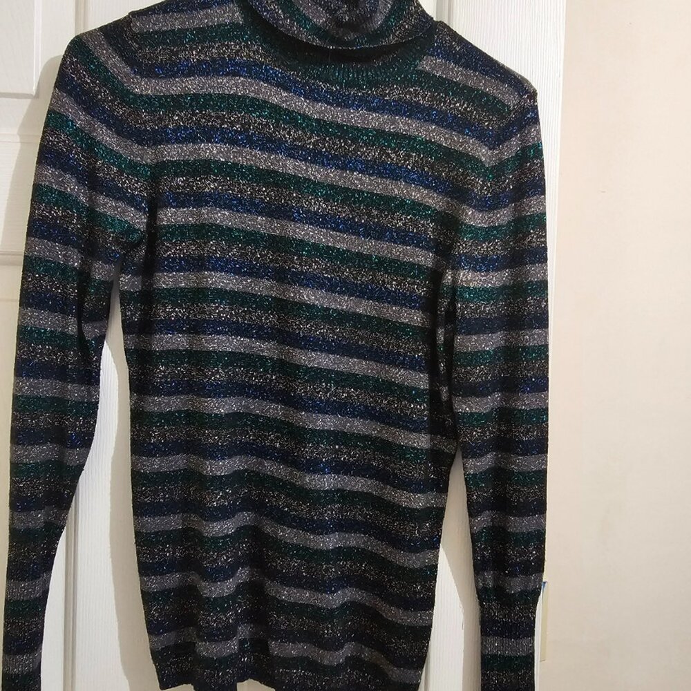 Worthington Glitter Stripe Turtleneck Sweater – Long Sleeve, Stretch Knit, Retro